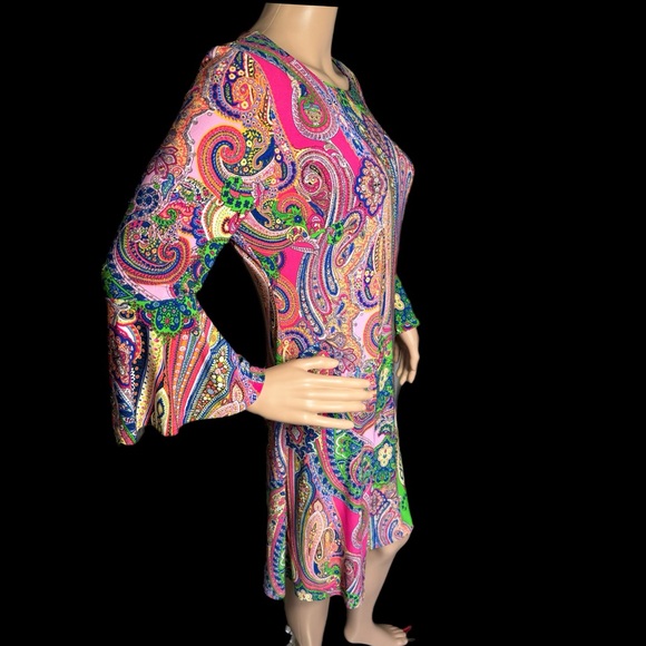 NWT TOMMY HILFIGER A Line Dress Size 8 Medium Colorful Paisley Bell Sleeve Boho - Picture 4 of 12